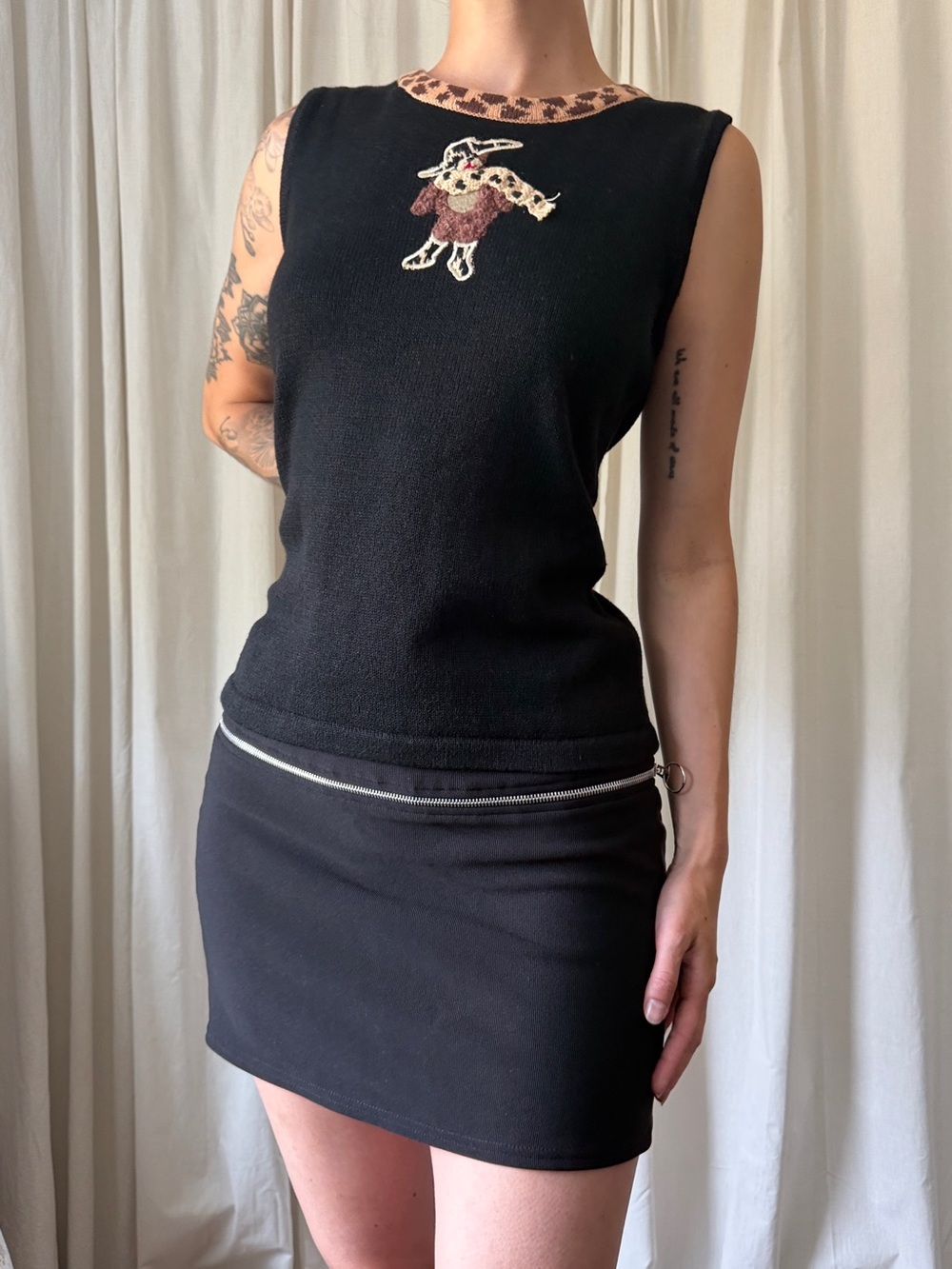 Vintage Storybook Knits Black Knit Tank with Bear Women's Size Small